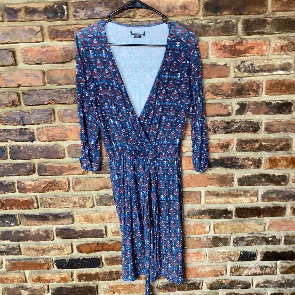 Lucky Brand Blue & Red Aztec Long Sleeve Faux Wrap Dress Women's Size Small